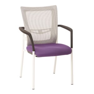 ProGrid® Mesh Back with Padded Purple Fabric Seat Visitors Chair with Arms and White Finish Frame