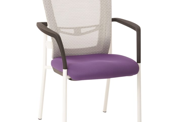 ProGrid® Mesh Back with Padded Purple Fabric Seat Visitors Chair with Arms and White Finish Frame