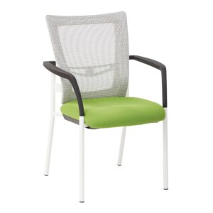 ProGrid® Mesh Back with Padded Green Fabric Seat Visitors Chair with Arms and White Finish Frame