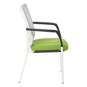 ProGrid® Mesh Back with Padded Green Fabric Seat Visitors Chair with Arms and White Finish Frame