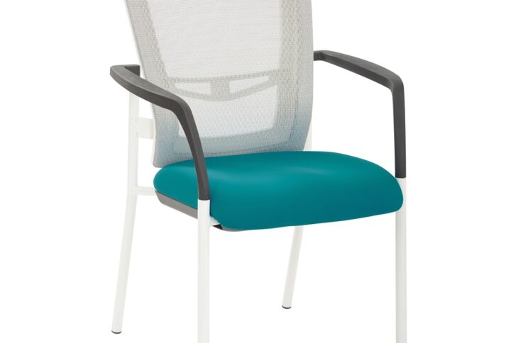 ProGrid® Mesh Back with Padded Blue Fabric Seat Visitors Chair with Arms and White Finish Frame