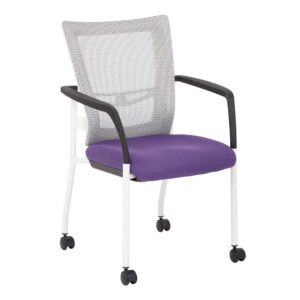 ProGrid® Mesh Back with Padded Purple Fabric Seat Visitors Chair with Arms and White Finish Frame with Casters