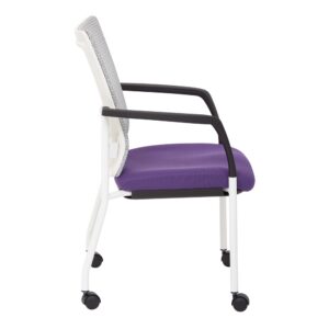 ProGrid® Mesh Back with Padded Purple Fabric Seat Visitors Chair with Arms and White Finish Frame with Casters
