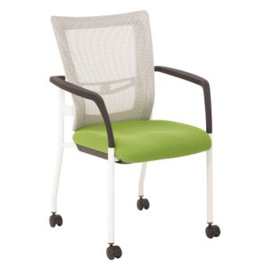 ProGrid® Mesh Back with Padded Green Fabric Seat Visitors Chair with Arms and White Finish Frame with Casters