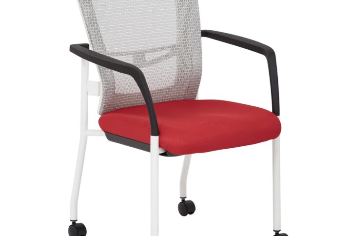 ProGrid® Mesh Back with Padded Red Fabric Seat Visitors Chair with Arms and White Finish Frame with Casters