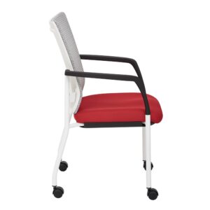 ProGrid® Mesh Back with Padded Red Fabric Seat Visitors Chair with Arms and White Finish Frame with Casters