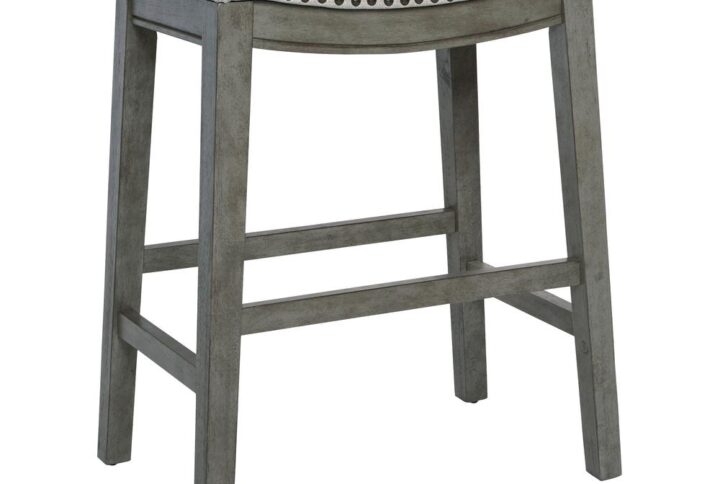 2-Pack Saddle Stool 24" in Grey Fabric and Antique Grey Base and Antique Bronze Nailheads