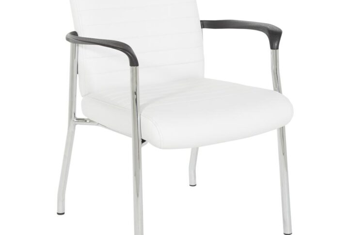 This Guest Chair in White Faux Leather with a Chrome Frame by Work Smart® is subtly contoured for true comfort. Its thick