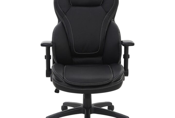 This High Back Executive Bonded Leather Office Chair is styled for comfort with a padded contoured seat and back with built-in lumbar support.  A heavy-duty nylon base with dual wheel carpet casters add ease of mobility to this product.  Chair comes complete with height adjustable flip arms