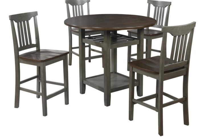 Bring the modern farmhouse look into your kitchen with this counter height dining set. A striking slate grey and wood finish welcomes friends and family for Sunday brunch or morning tea. Rustic details radiate a warm and cozy vibe