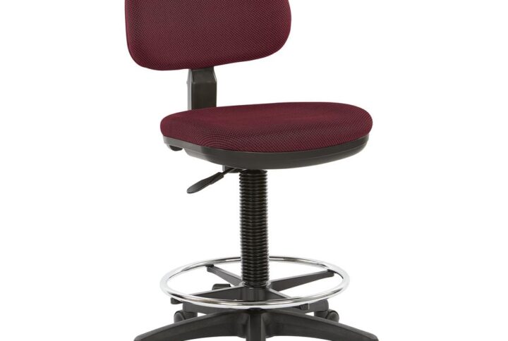 This drafting chair has a sylish look with a modern chrome finish base to match. It is counter height and has a height adjustable footrest and one touch pnuematic seat height adjustment. It also has back height and seat depth adjustment with heavy duty nylon base.