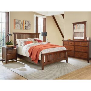The modern mission collection is an updated version of the traditional craftsman design. The renewed look has enhanced darker hues in the finish with a deep oak grain look and feel. The five step finishing process is perfectly accented by the beauty of the new gunmetal hardware. The queen bedroom set are resiliently crafted with two side rails