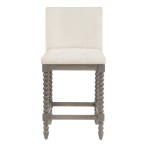 Add beautiful Farmhouse charm to any kitchen island or counter height peninsula with our 26" Spindle Counter Stool. The padded seat and slight curved back will offer chic comfort for hours of dining and conversation. Solid wood construction and light washed finish provides durable lasting beauty. Some assembly required.
