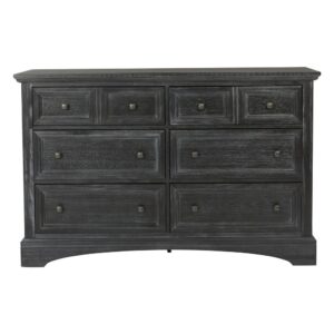 this rustic black dresser fits a variety of décor. The overcoat replicates a slightly weathered look into deep grained wood veneer. Made of mahogany with albizia wood veneers under a six-step finishing process. Two felt-lined top drawers and four large bottom storage compartments provide spacious room for your clothing. Contained within a sturdy solid wood frame