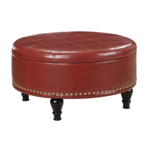 Augusta Round Storage Ottoman in Crimson Red Bonded Leather with Decorative Nailheads