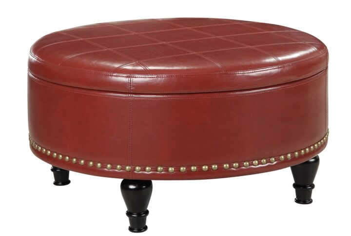 Augusta Round Storage Ottoman in Crimson Red Bonded Leather with Decorative Nailheads