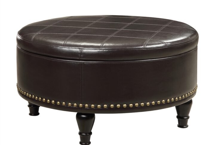 Augusta Round Storage Ottoman in Espresso Bonded Leather with Decorative Nailheads
