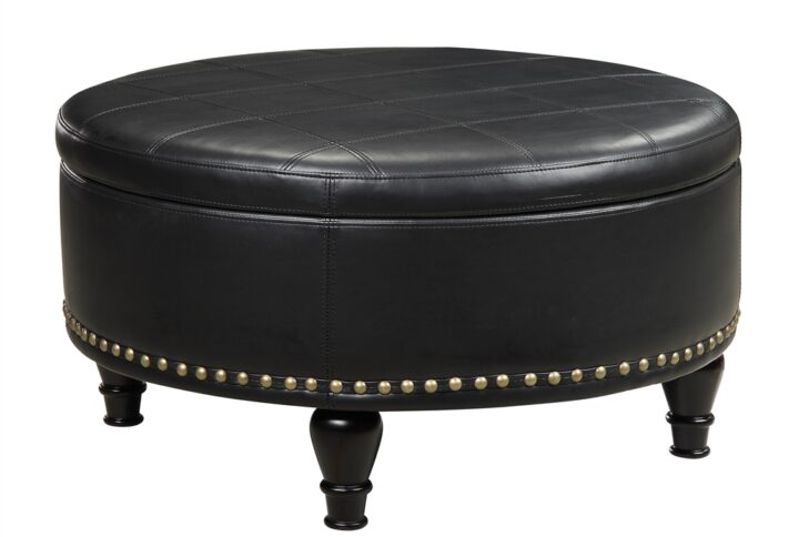 Augusta Round Storage Ottoman in Black Bonded Leather with Decorative Nailheads