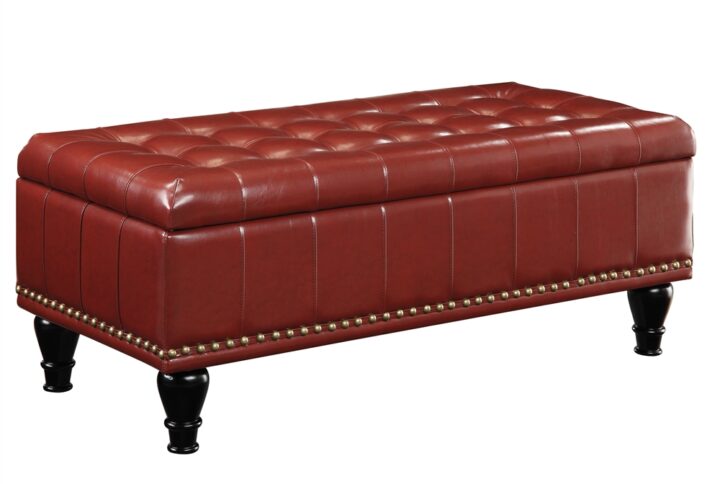 Caldwell Square Storage Ottoman in Crimson Red Bonded Leather with Decorative Nailheads