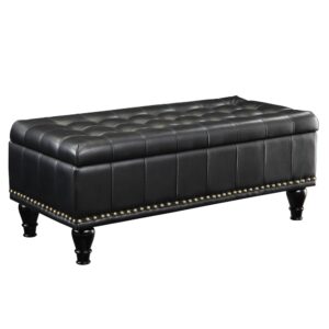 Caldwell Square Storage Ottoman in Black Bonded Leather with Decorative Nailheads