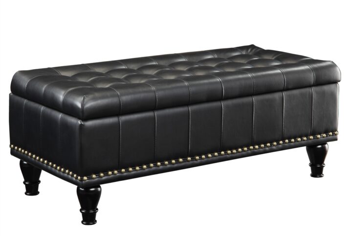 Caldwell Square Storage Ottoman in Black Bonded Leather with Decorative Nailheads