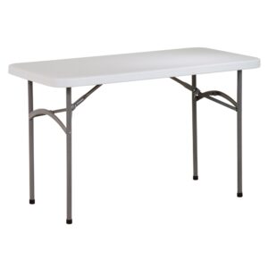 4' Resin Multi Purpose Table. Durable Construction. Light Weight Sleek Design. Powder Coated Tubular Frame. Ideal for Indoor or Outdoor Use. Easy Storage. Meets or Exceeds Test Standards (BIFMA and MTL)
