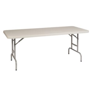 6' Height Adjustable Resin Multi Purpose Table. Durable Construction. Height Adjustable. Light weight sleek design. Powder coated tubular steel frame. Ideal for indoor and outdoor use. Easy Storage.