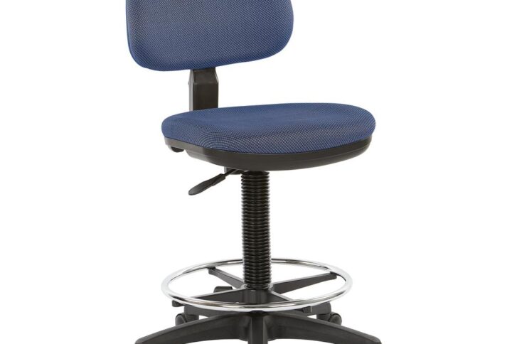 This drafting chair has a sylish look with a modern chrome finish base to match. It is counter height and has a height adjustable footrest and one touch pnuematic seat height adjustment. It also has back height and seat depth adjustment with heavy duty nylon base.
