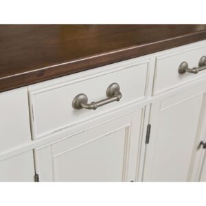 deep storage drawers with removable drawer dividers. Behind the 3 shaker- style cabinet doors are two spacious