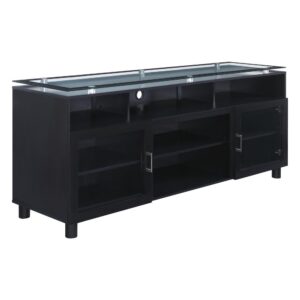 Make a modern statement with our exciting 72" Statler TV Stand with media cabinet. Keep movies and media tidy and organized with adjustable shelving behind tempered glass doors dressed with attractive chrome hardware and quiet soft-close hinges. Cords and cables stay out of sight and tamed with simple
