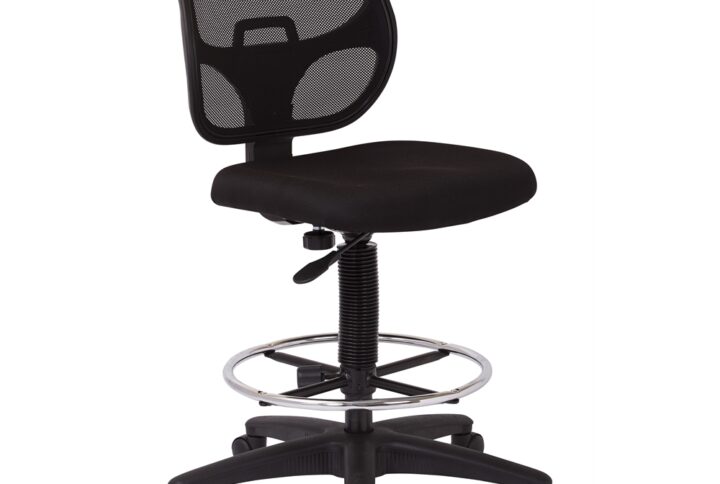 Deluxe Mesh Back Drafting Chair with 18.5" Diameter Foot ring . Fabric Seat and Mesh Back with Adjustable Foot ring. Pneumatic Height Adjustment 24.25" to 33.75". Heavy Duty Nylon Base with Dual Wheel Carpet Casters