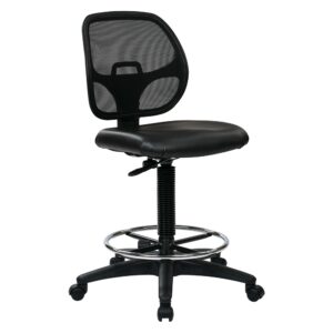 Deluxe Mesh Back Drafting Chair with 18.5" Diameter Foot ring . Fabric Seat and Mesh Back with Adjustable Foot ring. Pneumatic Height Adjustment 24.25" to 33.75". Heavy Duty Nylon Base with Dual Wheel Carpet Casters