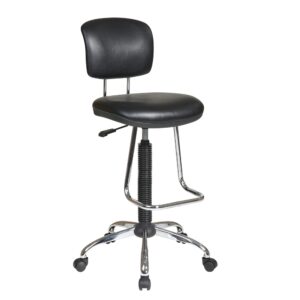 Chrome Finish Economical Chair with Teardrop Footrest. Pneumatic Drafting Chair with Vinyl Stool and Back. Height Adjustment 26" to 36" overall. Heavy Duty Chrome Base with Dual Wheel Carpet Casters
