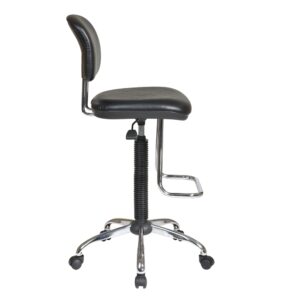 Chrome Finish Economical Chair with Teardrop Footrest. Pneumatic Drafting Chair with Vinyl Stool and Back. Height Adjustment 26" to 36" overall. Heavy Duty Chrome Base with Dual Wheel Carpet Casters