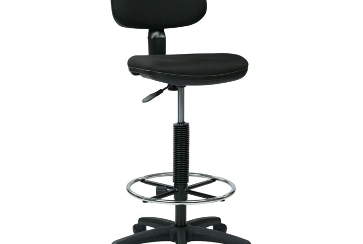 Sculptured Seat and Back Drafting Chair with Adjustable Foot ring. Pneumatic Height Adjustment 23" to 33" overall. Heavy Duty Nylon Base with Dual Wheel Carpet Casters