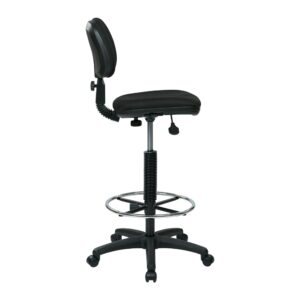 Sculptured Seat and Back Drafting Chair with Adjustable Foot ring. Pneumatic Height Adjustment 23" to 33" overall. Heavy Duty Nylon Base with Dual Wheel Carpet Casters