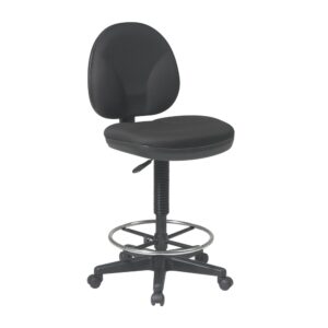 Sculptured Seat and Back Drafting Chair with Adjustable Foot ring. Pneumatic Height Adjustment 24" to 34" overall. Heavy Duty Nylon Base with Dual Wheel Carpet Casters
