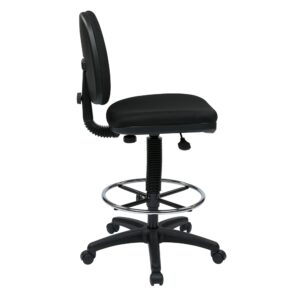 Economical Chair with Chrome Teardrop Footrest (footrest is not adjustable). Pneumatic Drafting Chair with Fabric Stool and Back. Height Adjustment 23" to 33" overall. Heavy Duty Nylon Base with Dual Wheel Carpet Casters