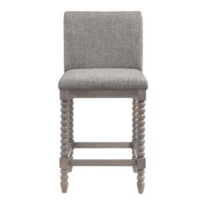 Add beautiful Farmhouse charm to any kitchen island or counter height peninsula with our 26" Spindle Counter Stool. The padded seat and slight curved back will offer chic comfort for hours of dining and conversation. Solid wood construction and light washed finish provides durable lasting beauty. Some assembly required.