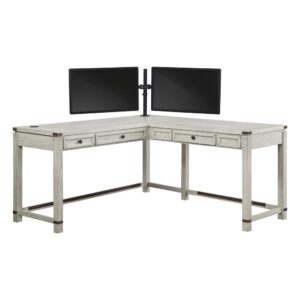 Baton Rouge L-Shape Desk with Dual Monitor Mount in Champagne Oak Finish