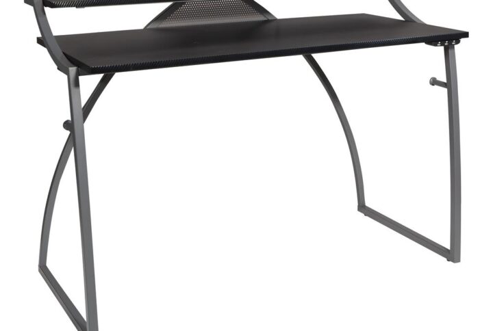 Gaming has never been more engaging than with the versatile Alpha Battlestation Desk from OSP Home Furnishings™. Its sleek modern design features an expansive gaming area and an upper shelf broad enough for dual monitors. Get competitive with our matte