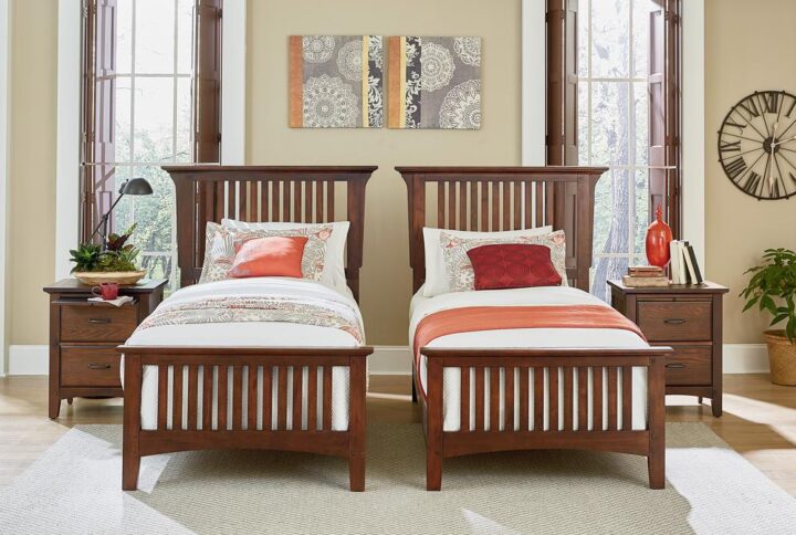 The modern mission collection is an updated version of the traditional craftsman design. The renewed look has enhanced darker hues in the finish with a deep oak grain look and feel. The five step finishing process is perfectly accented by the beauty of the new gunmetal hardware. The double twin bedroom set are resiliently crafted with two side rails