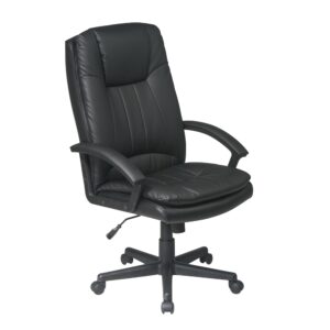 Deluxe High Back Executive Bonded Leather Chair. Thick Padded Contour Seat and Back with Built-in Lumbar Support. One Touch Pneumatic Seat Height Adjustment. Locking Tilt Control with Adjustable Tilt Tension. PP Loop Arms. Bonded Leather: Black. Heavy Duty Nylon Base with Dual Wheel Carpet Casters.