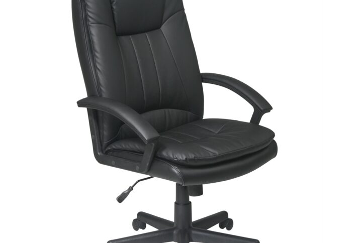 Deluxe High Back Executive Bonded Leather Chair. Thick Padded Contour Seat and Back with Built-in Lumbar Support. One Touch Pneumatic Seat Height Adjustment. Locking Tilt Control with Adjustable Tilt Tension. PP Loop Arms. Bonded Leather: Black. Heavy Duty Nylon Base with Dual Wheel Carpet Casters.