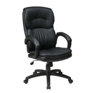 High Back Black Bonded Leather Executive Chair with Padded Arms. One Touch Pneumatic Seat Height Adjustment. 360° Swivel Seat. Locking Tilt Control with Adjustable Tilt Tension. Padded Loop Arms.