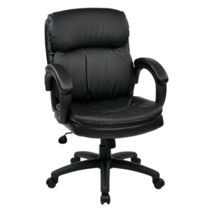 Mid Back Black Bonded Leather Executive Chair with Padded Arms. One Touch Pneumatic Seat Height Adjustment. 360° Swivel Seat. Locking Tilt Control with Adjustable Tilt Tension. Padded Loop Arms.