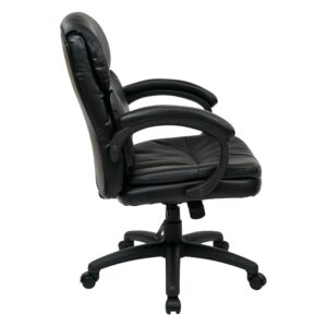 Mid Back Black Bonded Leather Executive Chair with Padded Arms. One Touch Pneumatic Seat Height Adjustment. 360° Swivel Seat. Locking Tilt Control with Adjustable Tilt Tension. Padded Loop Arms.