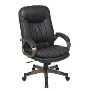 Executive High Back Black Bonded Leather Chair with Locking Tilt Control . Thick Padded Contour Seat and Back with Built-in Lumbar Support. One Touch Pneumatic Seat Height Adjustment. Locking Tilt Control with Adjustable Tilt Tension. Padded Arms. Bonded Leather: Espresso and Cocoa Coated Base with Dual Wheel Carpet Casters.