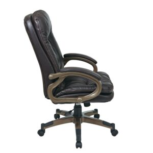 Executive High Back Black Bonded Leather Chair with Locking Tilt Control . Thick Padded Contour Seat and Back with Built-in Lumbar Support. One Touch Pneumatic Seat Height Adjustment. Locking Tilt Control with Adjustable Tilt Tension. Padded Arms. Bonded Leather: Espresso and Cocoa Coated Base with Dual Wheel Carpet Casters.