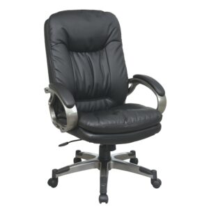 Executive High Back Black Bonded Leather Chair with Locking Tilt Control . Thick Padded Contour Seat and Back with Built-in Lumbar Support. 360° Seat Swivel. One Touch Pneumatic Seat Height Adjustment. Locking Tilt Control with Adjustable Tilt Tension. Padded Arms.